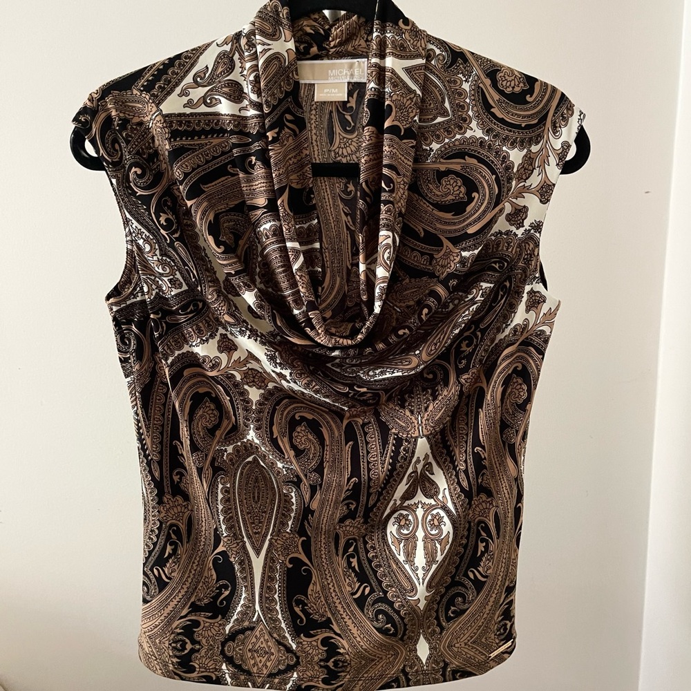 Michael Michael Kors Black/Brown & White Paisley Blouse Draped V-Neckline US MP
